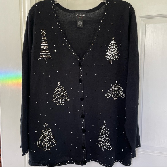 Studio Joy Sweaters Adorable Beaded Black Christmas Tree Cardigan